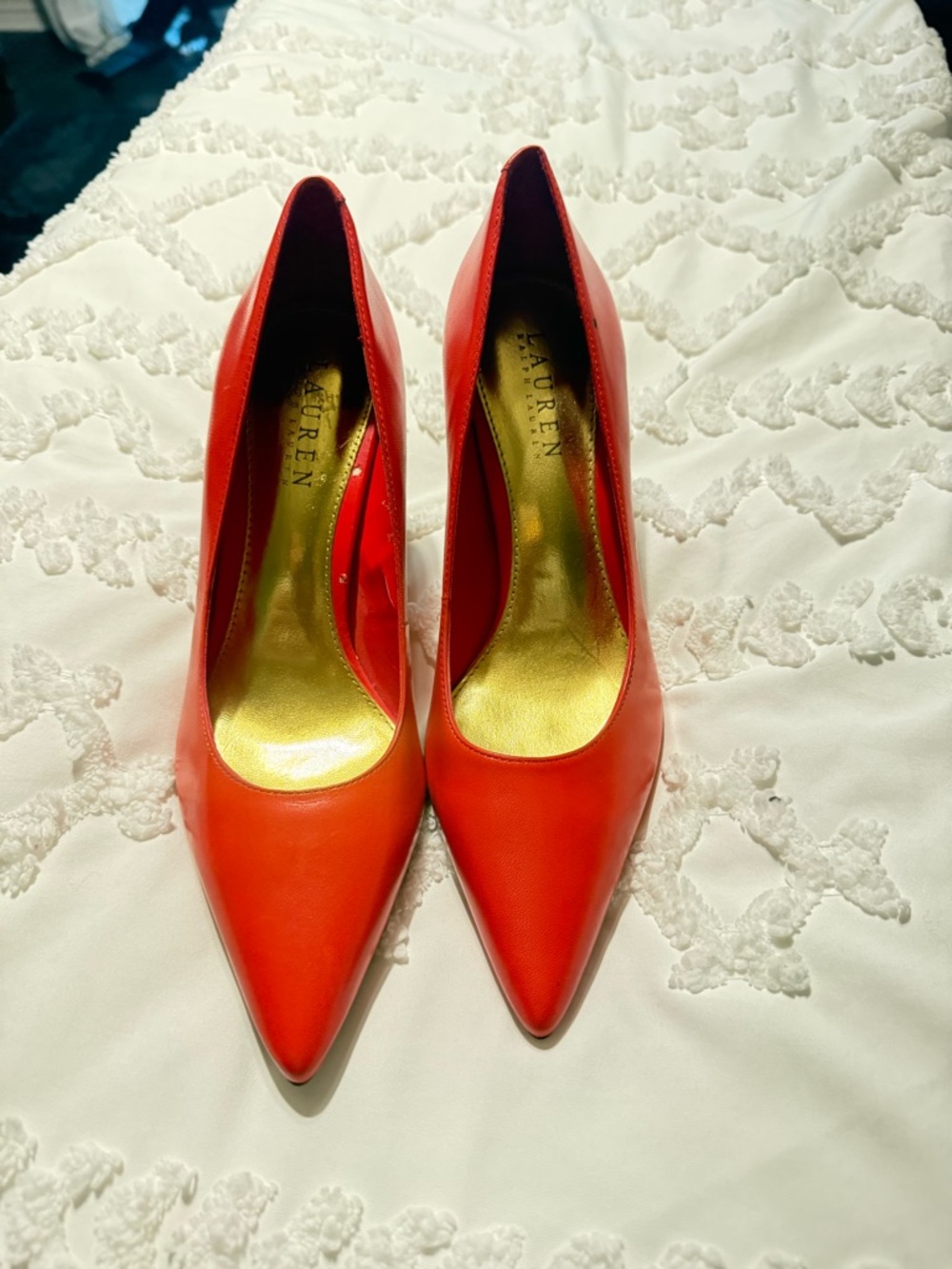 Lauren Ralph Lauren Orange-Red Pointed-Toe Leather Pumps
